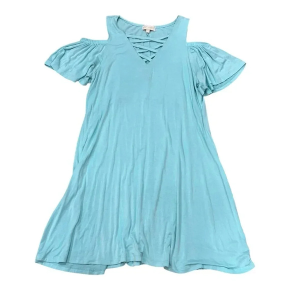 Simply Southern Sky Blue Lace Up Cold Shoulder Jersey Knit Dress M - Picture 1 of 4